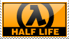 A stamp of the Half-Life logo against an orange background with text under it that says "HALF LIFE".
