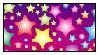 A stamp of a background graphic with rainbow stars and a gradient of purple and pink.